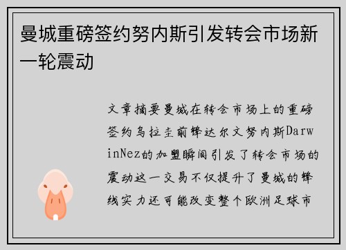 曼城重磅签约努内斯引发转会市场新一轮震动 曼城重磅签约努内斯引发转会市场新一轮震动